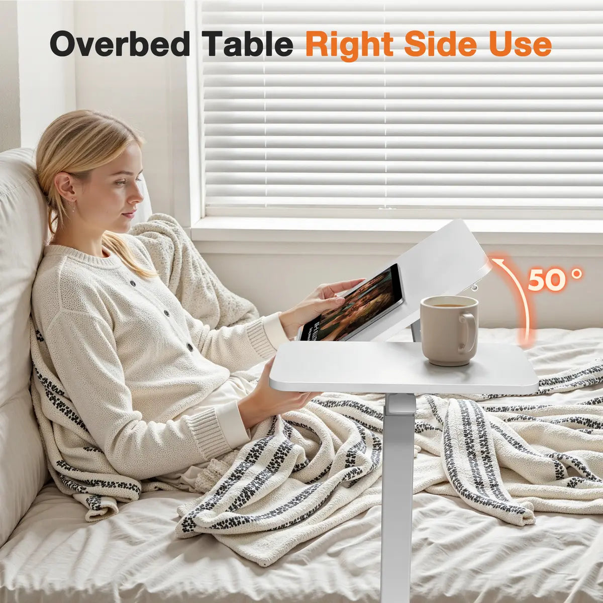 Modern L-Shaped Bedside Table with Wheels – Adjustable Height Mobile Laptop Workstation for Home & Bedroom