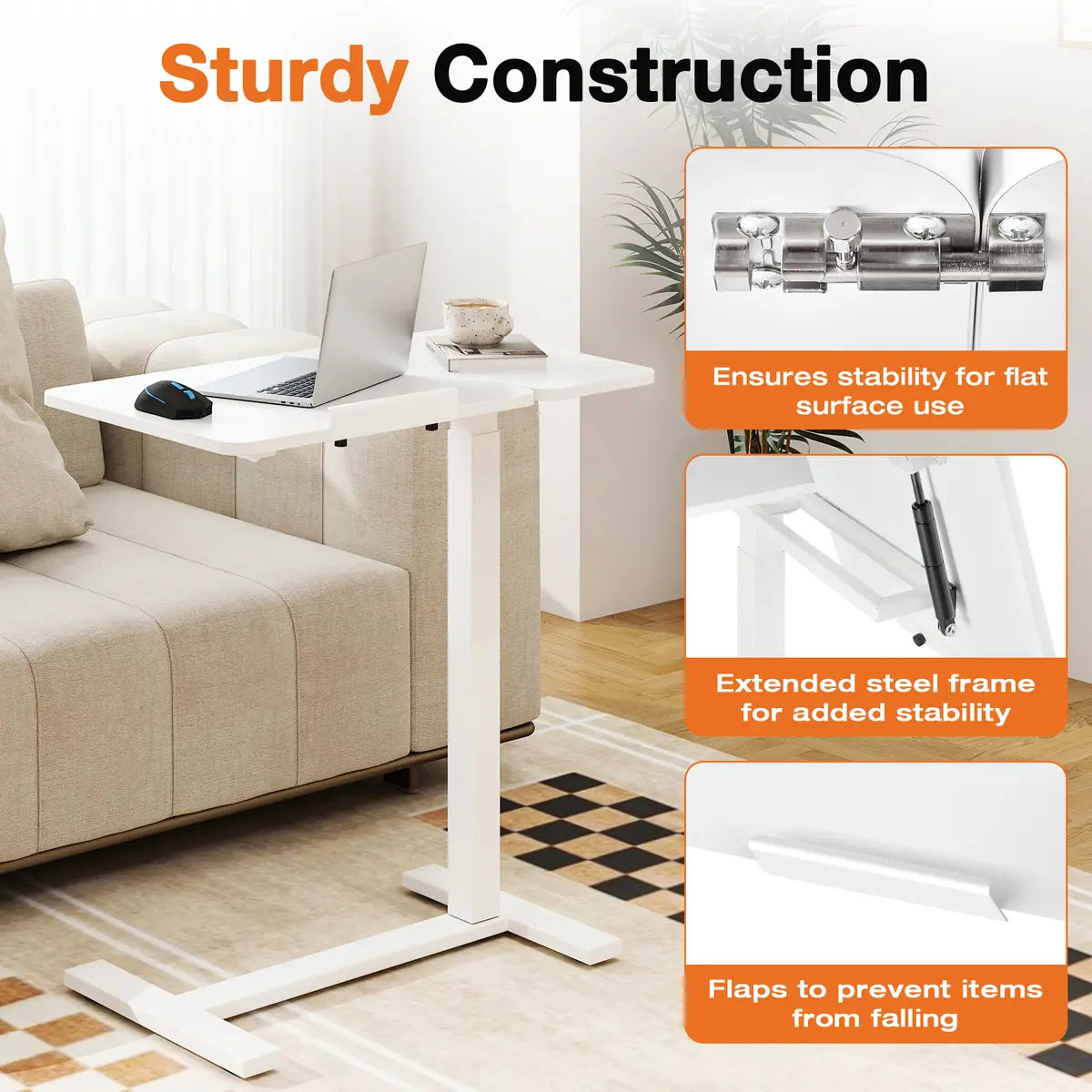 Modern L-Shaped Bedside Table with Wheels – Adjustable Height Mobile Laptop Workstation for Home & Bedroom