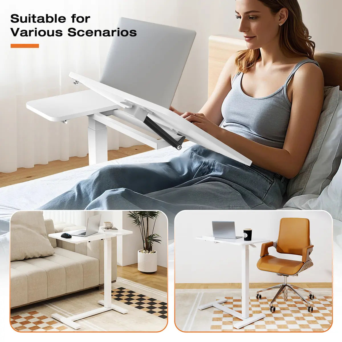 Modern L-Shaped Bedside Table with Wheels – Adjustable Height Mobile Laptop Workstation for Home & Bedroom